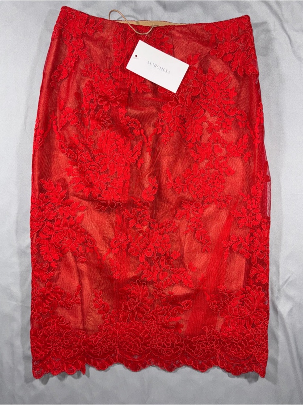 Marchesa Skirt Women's Size 6 Red Lace Floral Lace Pencil Lined Silk Lining